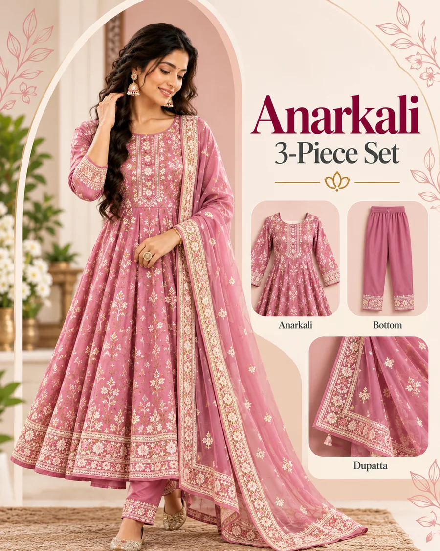 Mauve-pink Anarkali three-piece set with bottom and printed dupatta