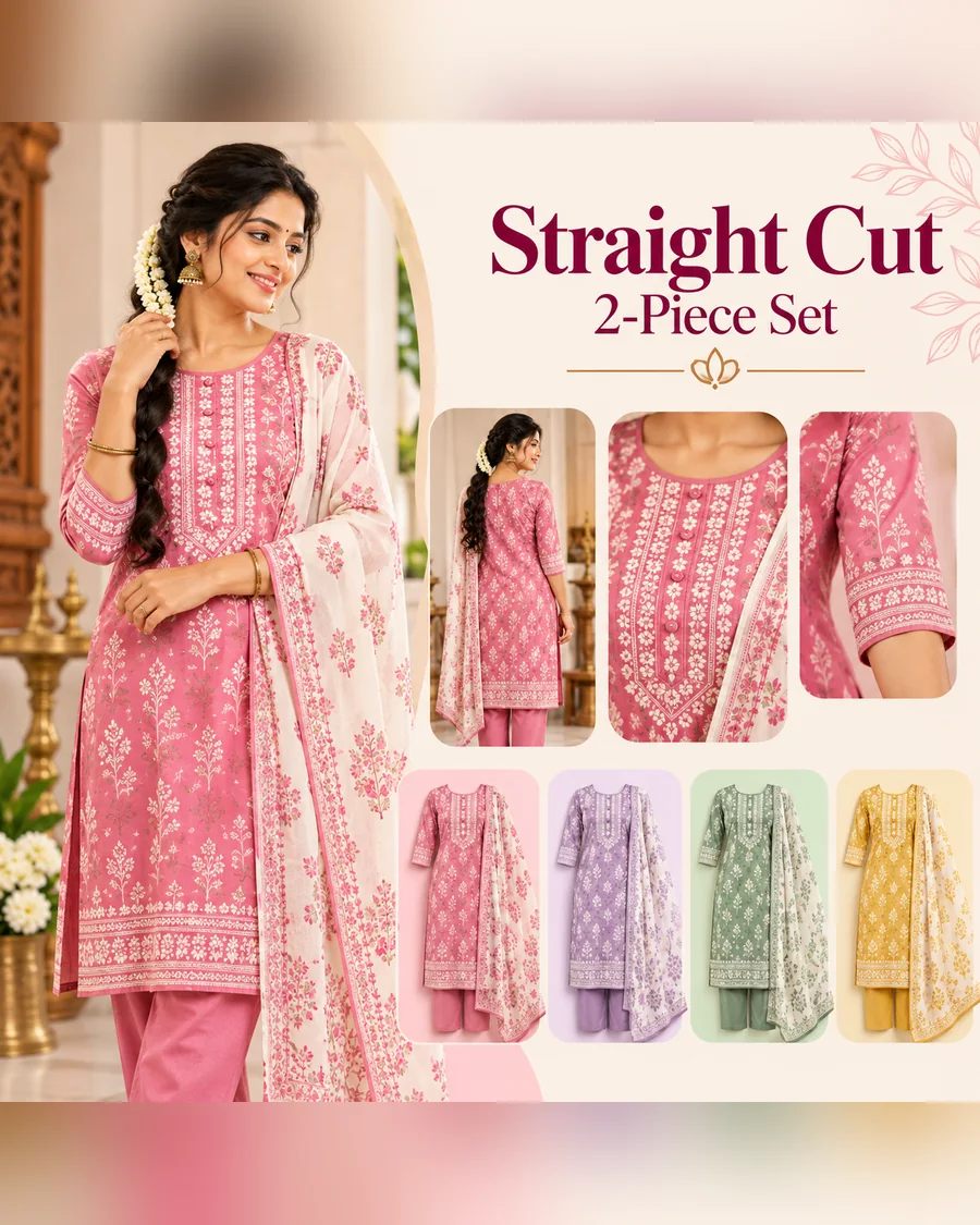 Straight cut two-piece set with neckline and sleeve details in four colours