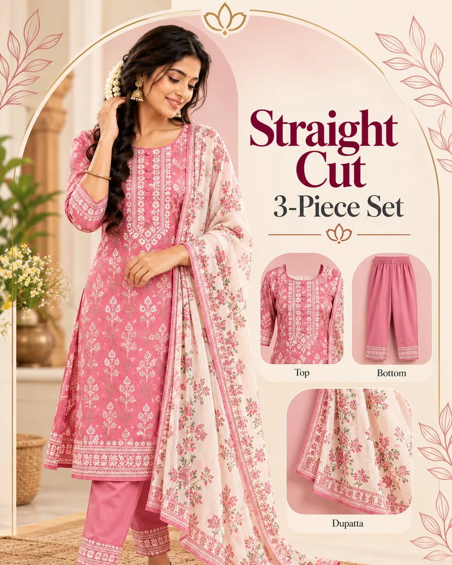 Straight cut three-piece set in pink with a floral dupatta