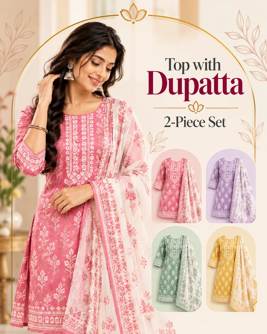 Top with dupatta, a two-piece set shown in rose, lilac, sage and mustard